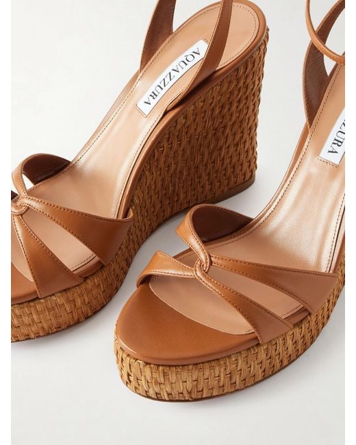 Aquazzura Brown You And I 110 Leather Wedge Sandals