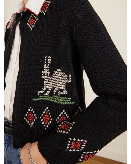Bode Black Bunny Jacquard-Knit Wool Cardigan