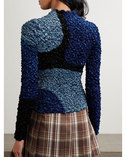 Sea Blue Malene Smocked Patchwork Crushed-Velvet Top