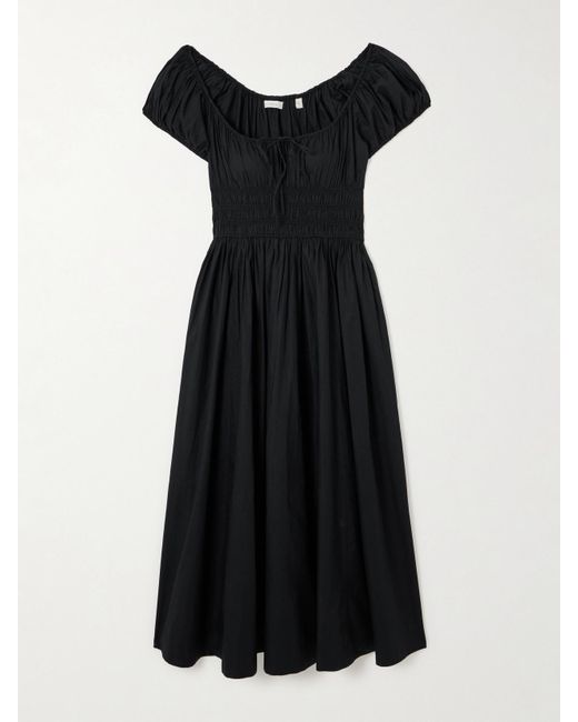 Doen Black Quinn Tie-Detailed Shirred Organic Cotton-Poplin Midi Dress