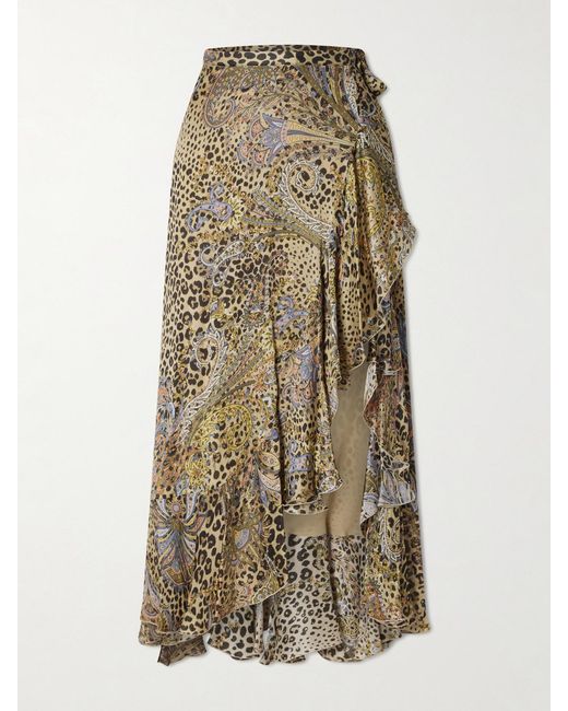 Etro Natural Ruffled Leopard And Paisley-Print Silk-Satin Midi Wrap Skirt