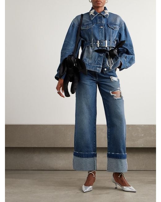 Simone Rocha Blue Embellished Distressed Wide-Leg Jeans