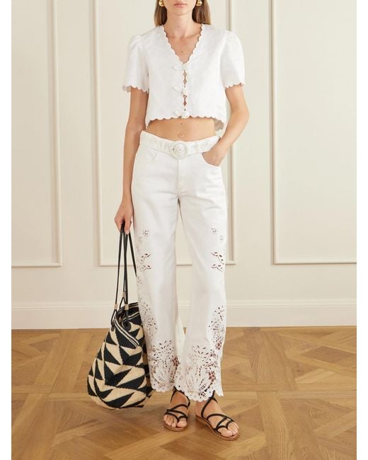 Farm Rio White Cropped Floral-Appliquéd Scalloped Linen Top