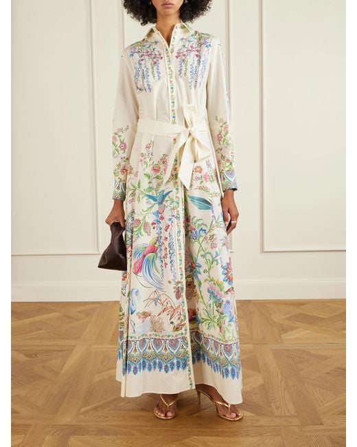 Etro White Belted Printed Cotton Maxi Shirt Dress