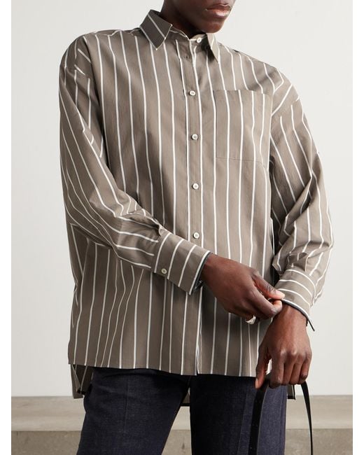 Brunello Cucinelli Gray Bead-Embellished Striped Cotton-Blend Poplin Shirt