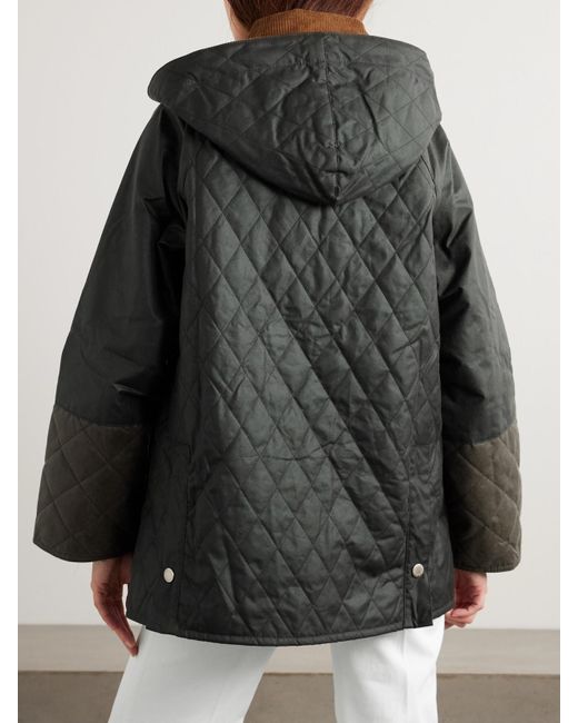 Barbour Gray Imelda Hooded Corduroy-Trimmed Waxed-Cotton And Quilted Shell Jacket