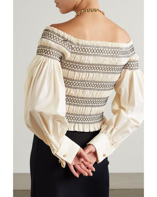 Max Mara Natural Walk Off-The-Shoulder Smocked Cotton Top
