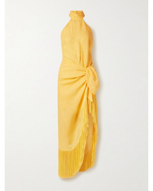 ‎Taller Marmo Metallic Athena Wrap-Effect Fringed Linen Midi Dress