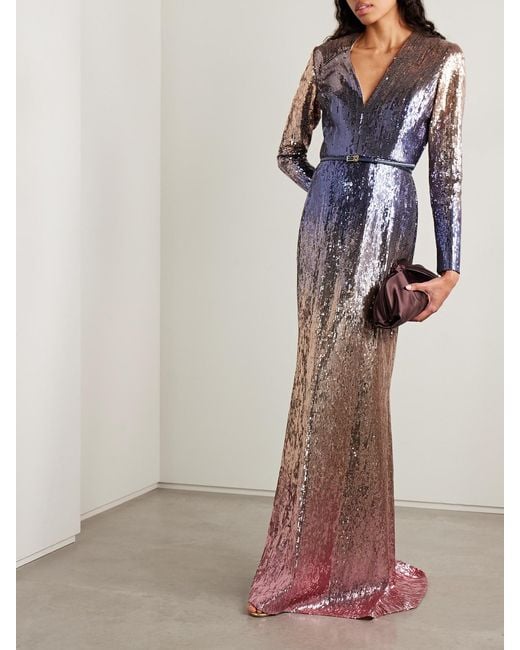 Elie Saab Pink Belted Ombré Sequined Tulle Gown