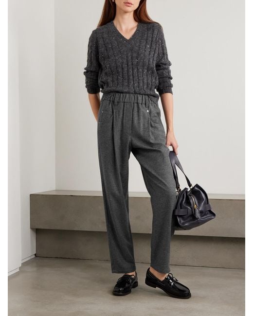 Brunello Cucinelli Gray Cropped Pleated Virgin Wool And Cashmere-Blend Pants