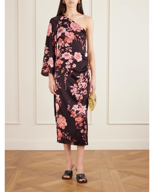 Borgo De Nor White Atlantis One-Sleeve Embellished Printed Satin Midi Dress