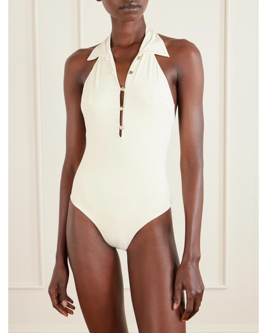 ‎Taller Marmo Natural Tropicana Halterneck Swimsuit And Fringed Pareo Set