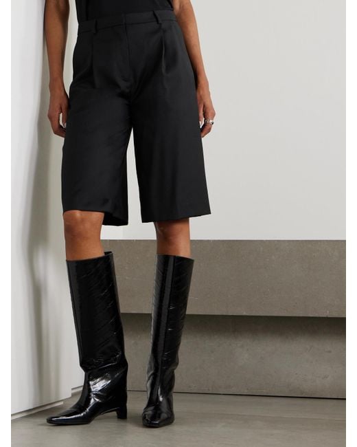 Loulou de Saison Black Adler Pleated Wool-Twill Shorts