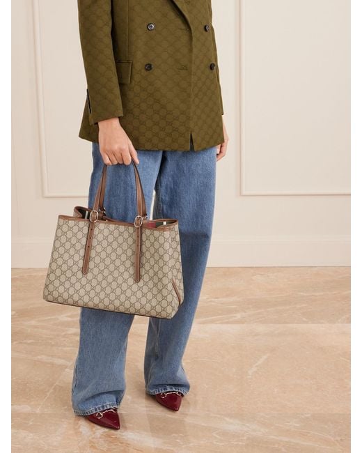 Gucci Natural Gg Emblem Leather-Trimmed Printed Coated-Canvas Tote