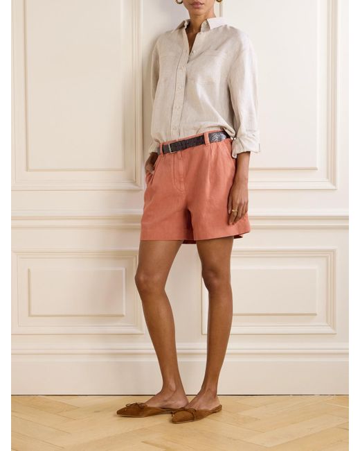 Brunello Cucinelli Orange Bead-Embellished Pleated Cotton And Linen-Blend Twill Shorts