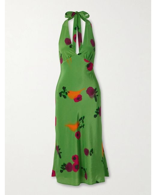 Staud Green Lucca Printed Silk-Crepe Halterneck Midi Dress