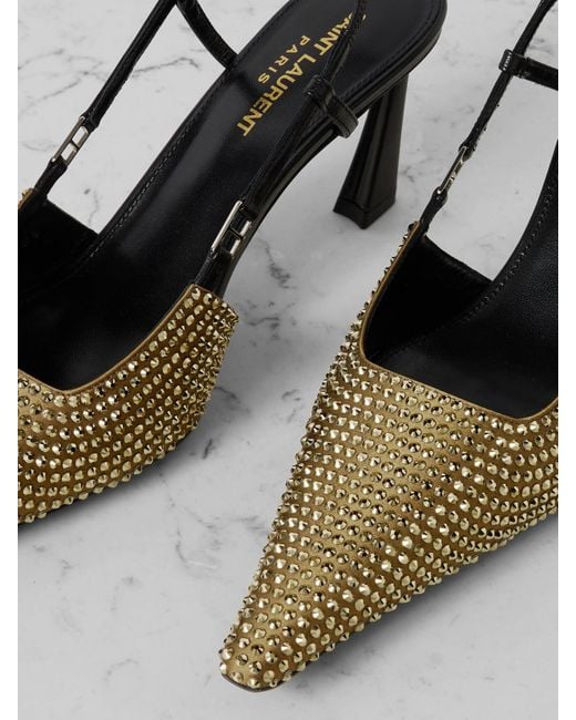Saint Laurent Metallic Andree Crystal-Embellished Satin And Leather Slingback Pumps