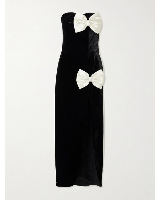 Alessandra Rich Black Strapless Bow-Embellished Duchesse Satin-Trimmed Velvet Gown