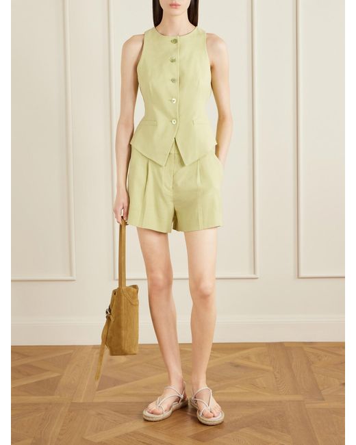 Veronica Beard Yellow Haina Pleated Linen-Blend Twill Shorts