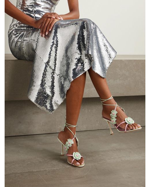 Manolo Blahnik Metallic Palissot 105 Leather-Trimmed Appliquéd Grosgrain And Satin Sandals