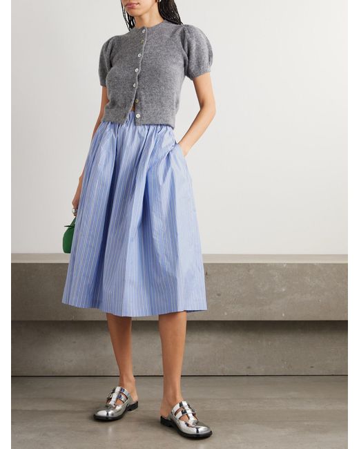 Marni Blue Pleated Striped Cotton-Poplin Midi Skirt