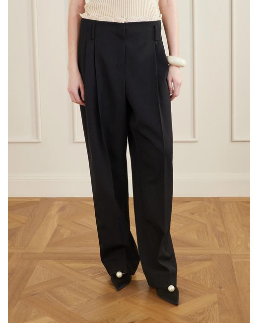 Magda Butrym Black Pleated Lace-Trimmed Wool Wide-Leg Pants