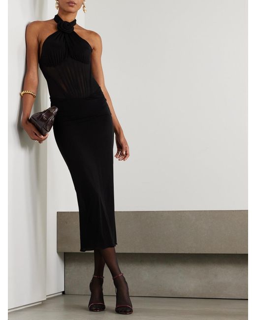 Magda Butrym Black Neckholder-Midikleid Aus Stretch-Tüll Mit Applikation