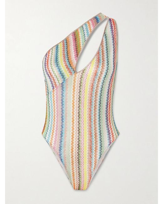 Missoni White Mare One-Shoulder Cutout Striped Metallic Crochet-Knit Swimsuit