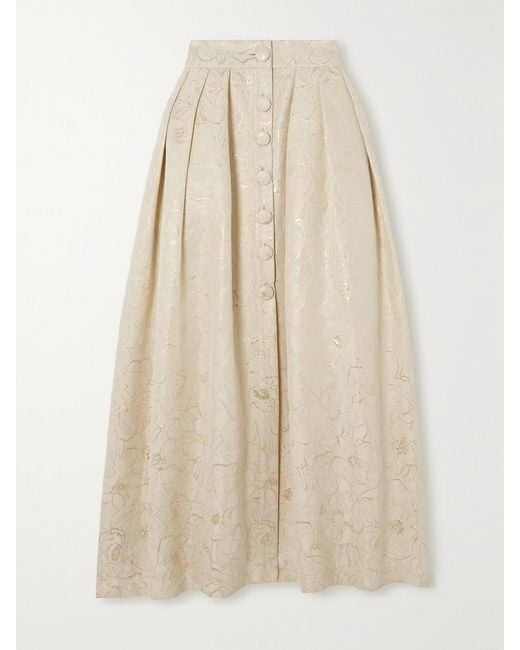D'Estree Natural Irving Pleated Metallic Floral Brocade Maxi Skirt
