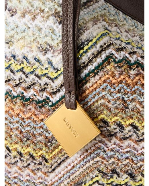 Missoni Gray Sequined-Embellished Striped Leather-Trimmed Woven Shoulder Bag
