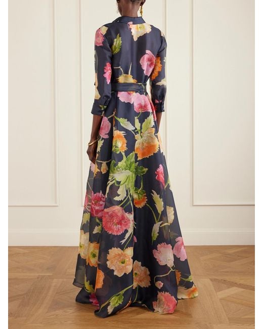 Carolina Herrera White Belted Floral-Print Silk-Organza Gown