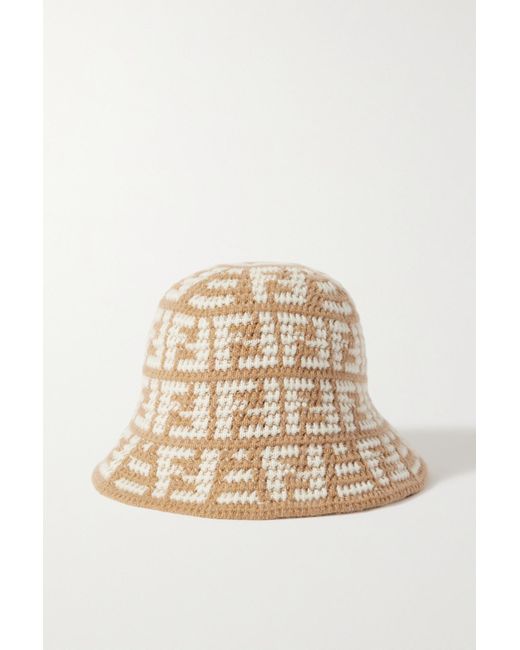 Fendi Crochet-knit Cashmere-blend Jacquard Bucket Hat in Natural | Lyst