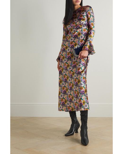 Les Rêveries Red Open-Back Floral-Print Satin Midi Dress