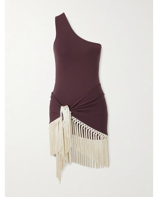 Taller Marmo Purple Yacare One-Shoulder Swimsuit And Fringed Pareo Set