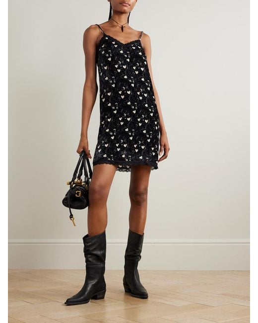 R13 Black Lace-Trimmed Printed Velvet Mini Dress