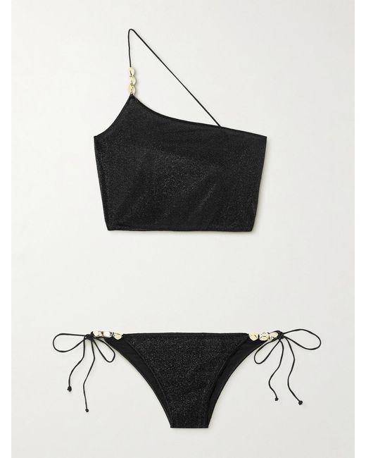 Oseree Black One-Shoulder Embellished Metallic Bikini