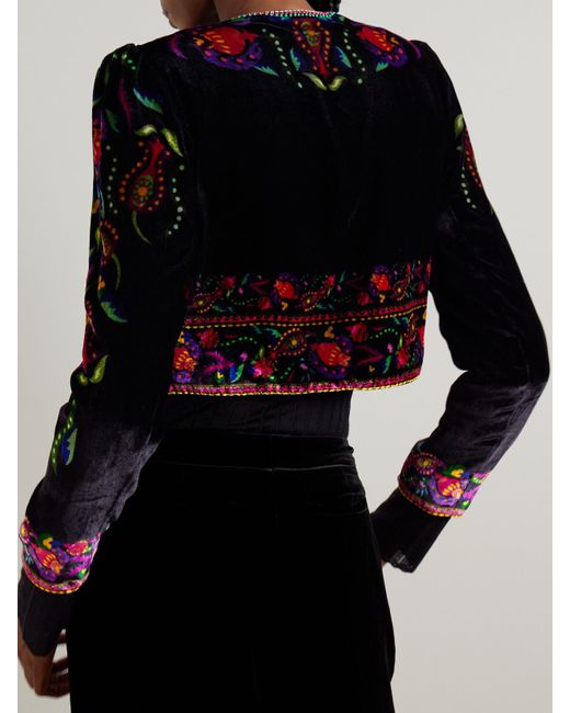 Saloni Black Vika Cropped Beaded Printed Velvet Jacket