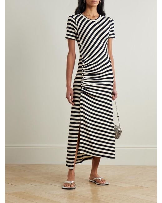 Rabanne White Gathered Embellished Striped Wool-Blend Midi Dress