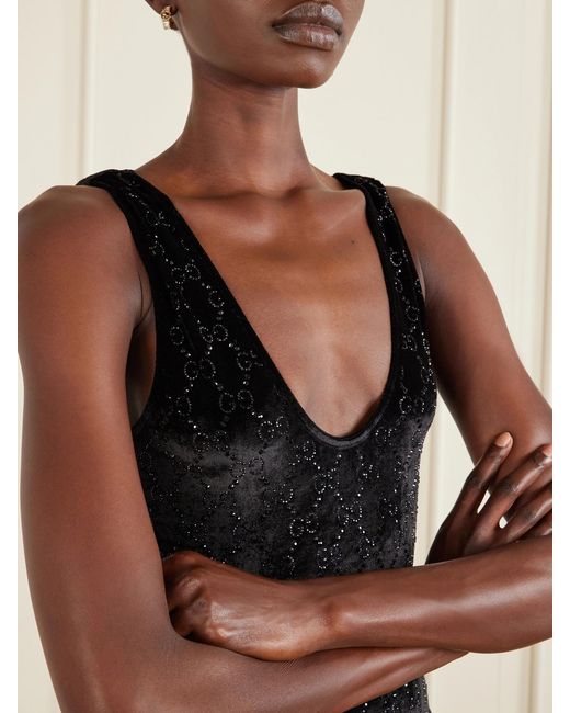 Gucci Black Crystal-Embellished Chenille-Jacquard Bodysuit
