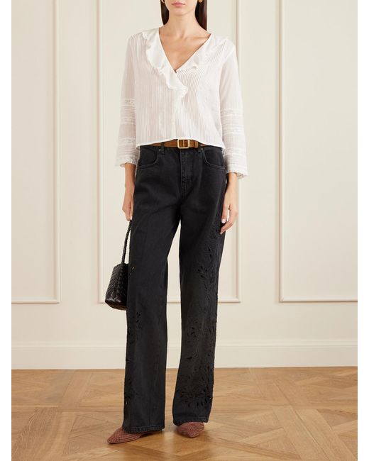 Doen White Huguette Ruffled Pleated Lace-Trimmed Organic Cotton Blouse