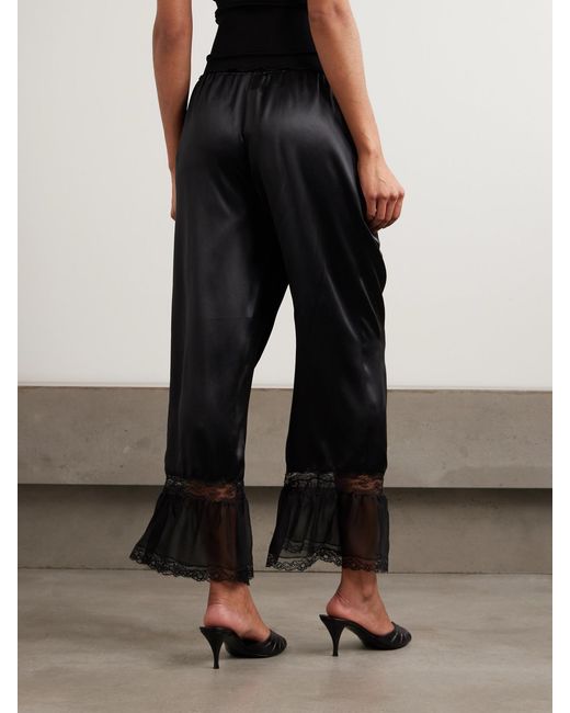 Saint Laurent Black Ruffled Lace-Trimmed Silk-Satin Wide-Leg Pants