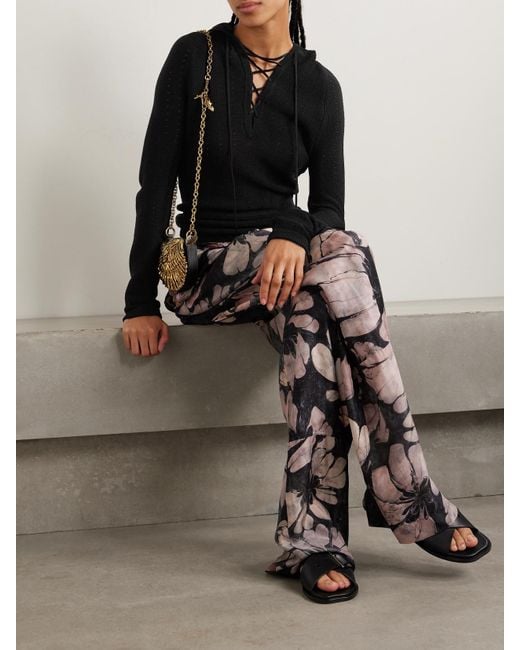 Etro Black Hooded Lace-Up Pointelle-Knit Silk-Blend Sweater