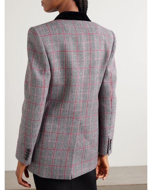 Chloé Gray Double-Breasted Velvet-Trimmed Checked Wool Blazer
