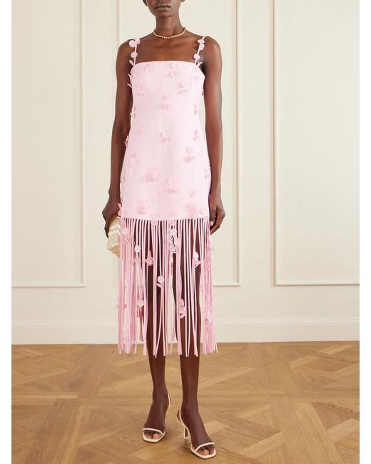 Jonathan Simkhai Pink Juliana Embellished Fringed Linen-Blend Midi Dress