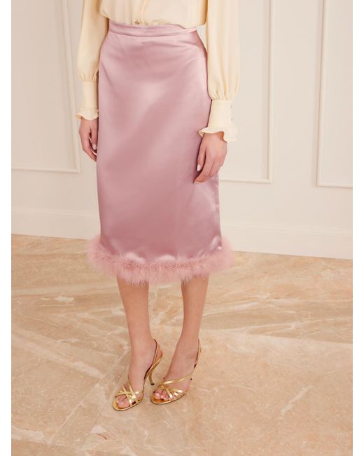 Valentino Garavani Pink Feather-Trimmed Satin Midi Skirt