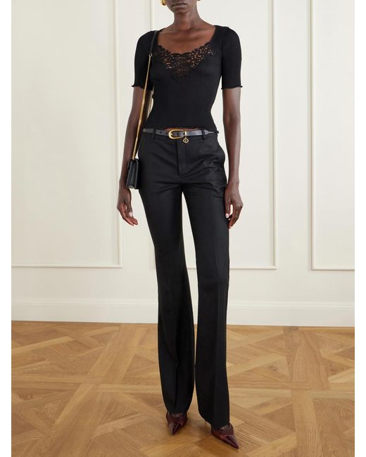 Saint Laurent Black Guipure Lace-Trimmed Ribbed-Silk T-Shirt
