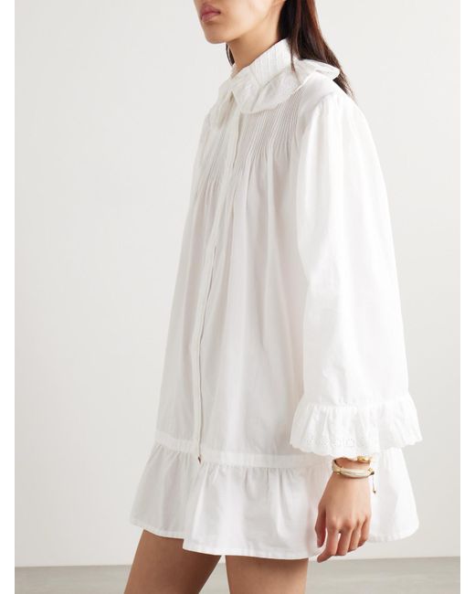 Bode White Petaluma Crochet-Trimmed Pintucked Cotton-Poplin Mini Shirt Dress
