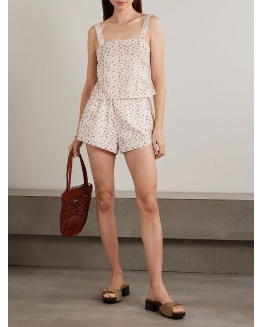 Posse Natural Charlotte Lace-Trimmed Floral-Print Cotton Top