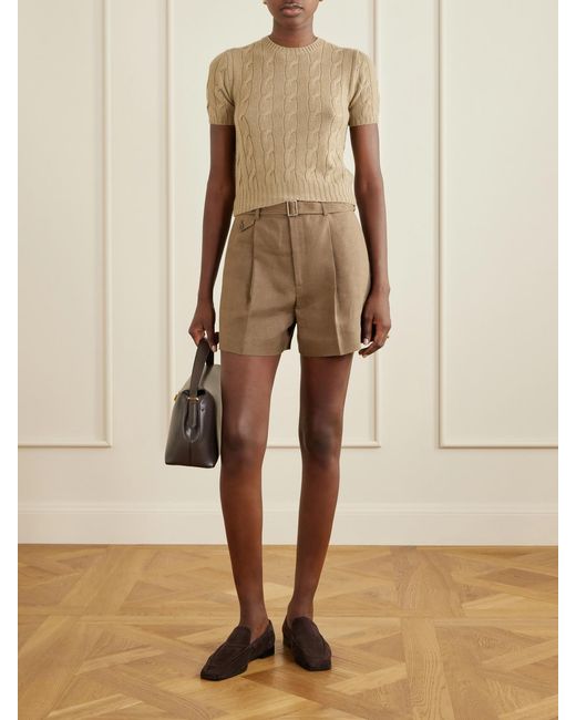 Ralph Lauren Natural Denise Belted Pleated Linen Shorts