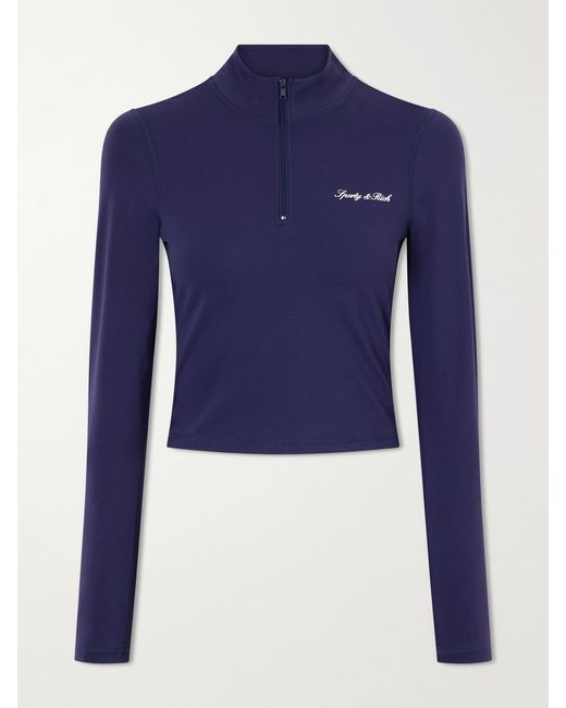 Sporty & Rich Blue Logo-Appliquéd Cropped Stretch-Jersey Half-Zip Jacket